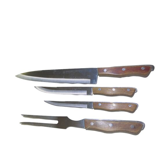 VTG Maxam Precision Hollow Ground Stainless Steel Wood Handle Knives & Fork 4 pc - Picture 1 of 8